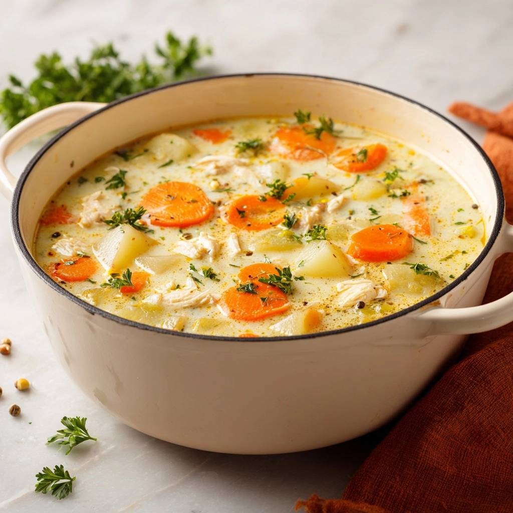 Creamy chicken and potato chowder served in a white Dutch oven, garnished with fresh parsley.