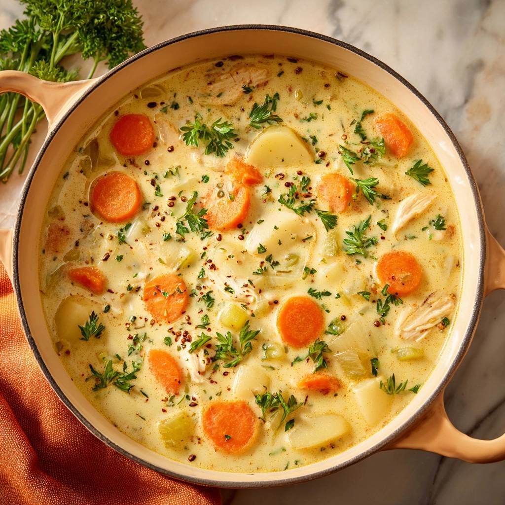 Creamy chicken and potato chowder served in a pot, garnished with fresh parsley and visible carrots and potatoes.