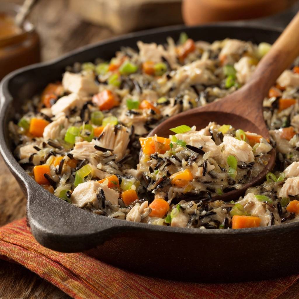 Creamy chicken and wild rice skillet shown with a wooden spoon lifting a generous serving, highlighting the mixed textures of rice, chicken, and carrots.