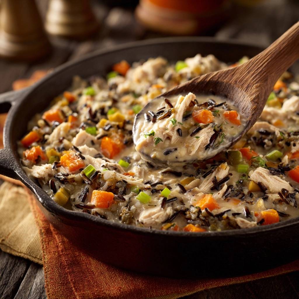 Creamy chicken and wild rice skillet with a wooden spoon scooping a portion.