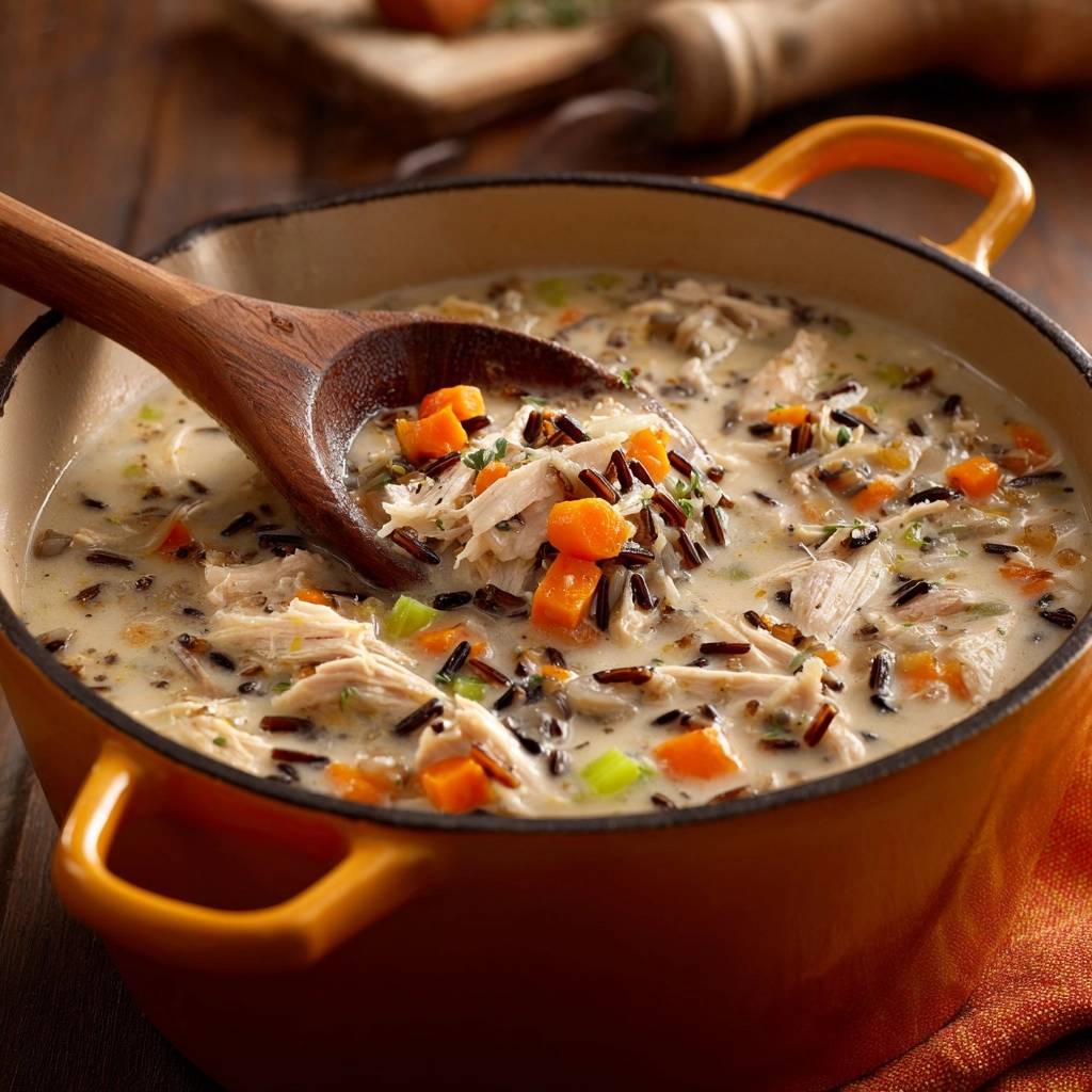 Creamy chicken and wild rice soup served in a Dutch oven with a wooden spoon lifting a scoop of the hearty soup.