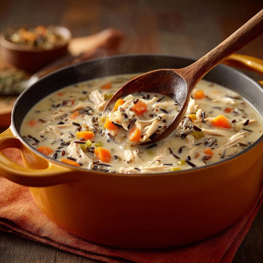 Creamy chicken and wild rice soup shown with a wooden spoon lifting a generous spoonful, highlighting the shredded chicken and vegetables.