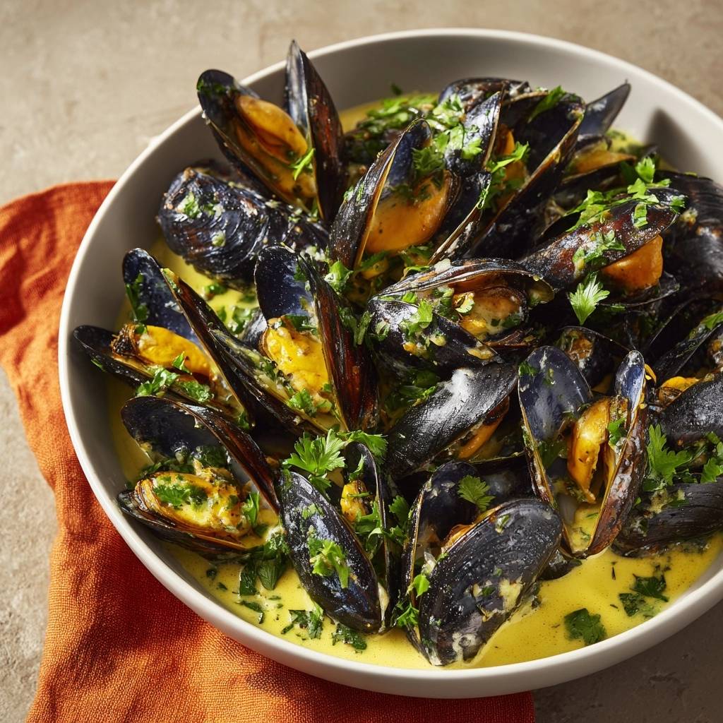 Creamy coconut curry mussels served in a bowl, generously garnished with fresh parsley and a rich broth.