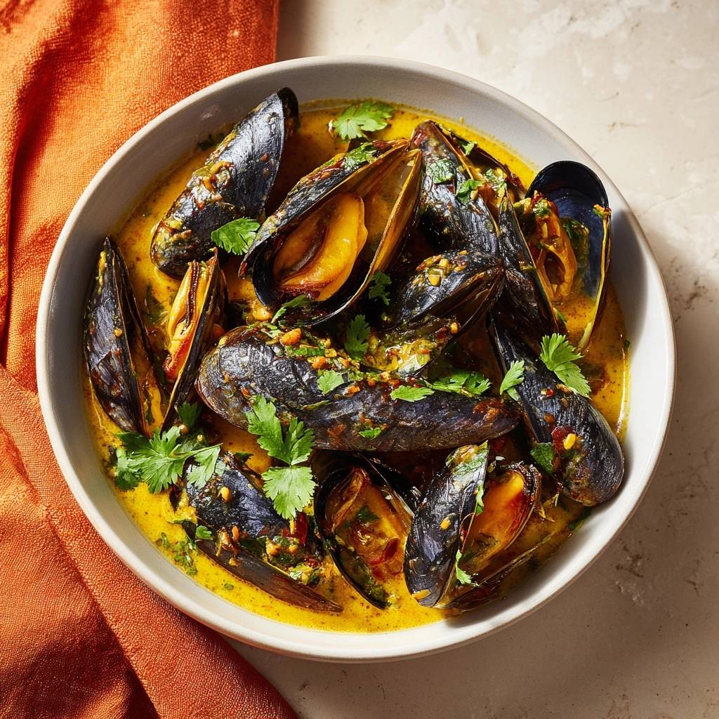 Creamy coconut curry mussels served in a bowl, garnished with cilantro, viewed from overhead.
