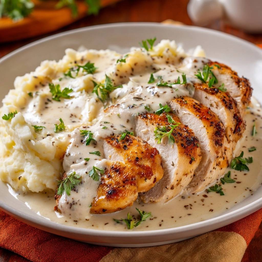 Creamy garlic pan-seared chicken and mash plated with a close-up view of the sliced chicken and rich sauce.