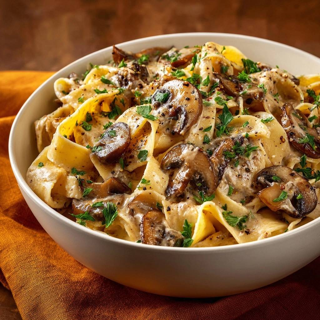 Creamy garlic mushroom pappardelle in a white bowl, garnished with parsley, showcasing the creamy sauce and sliced mushrooms.