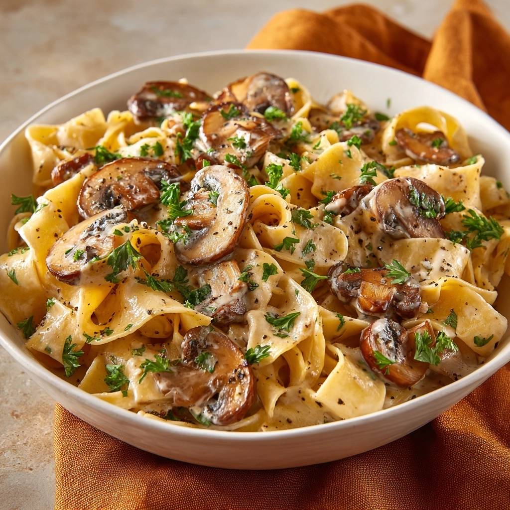 Creamy garlic mushroom pappardelle shown in a white bowl, garnished with parsley, with a close-up view of the pasta and mushrooms.