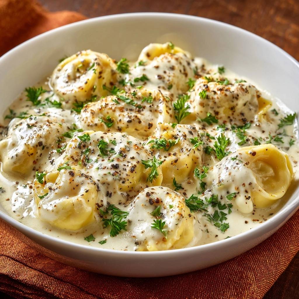 Creamy garlic parmesan tortellini in a white bowl, generously garnished with parsley and black pepper.