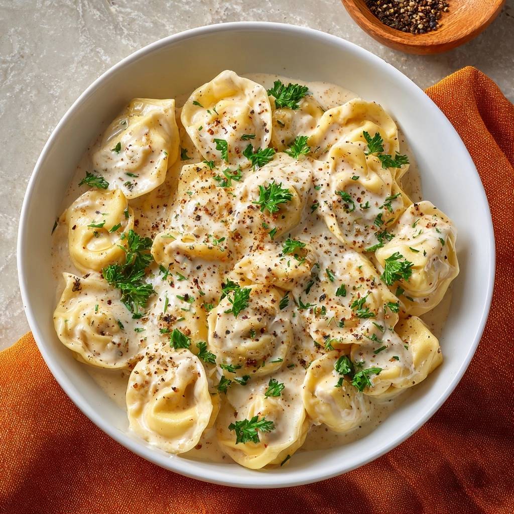 Creamy garlic parmesan tortellini served in a white bowl, generously garnished with fresh parsley and cracked black pepper.