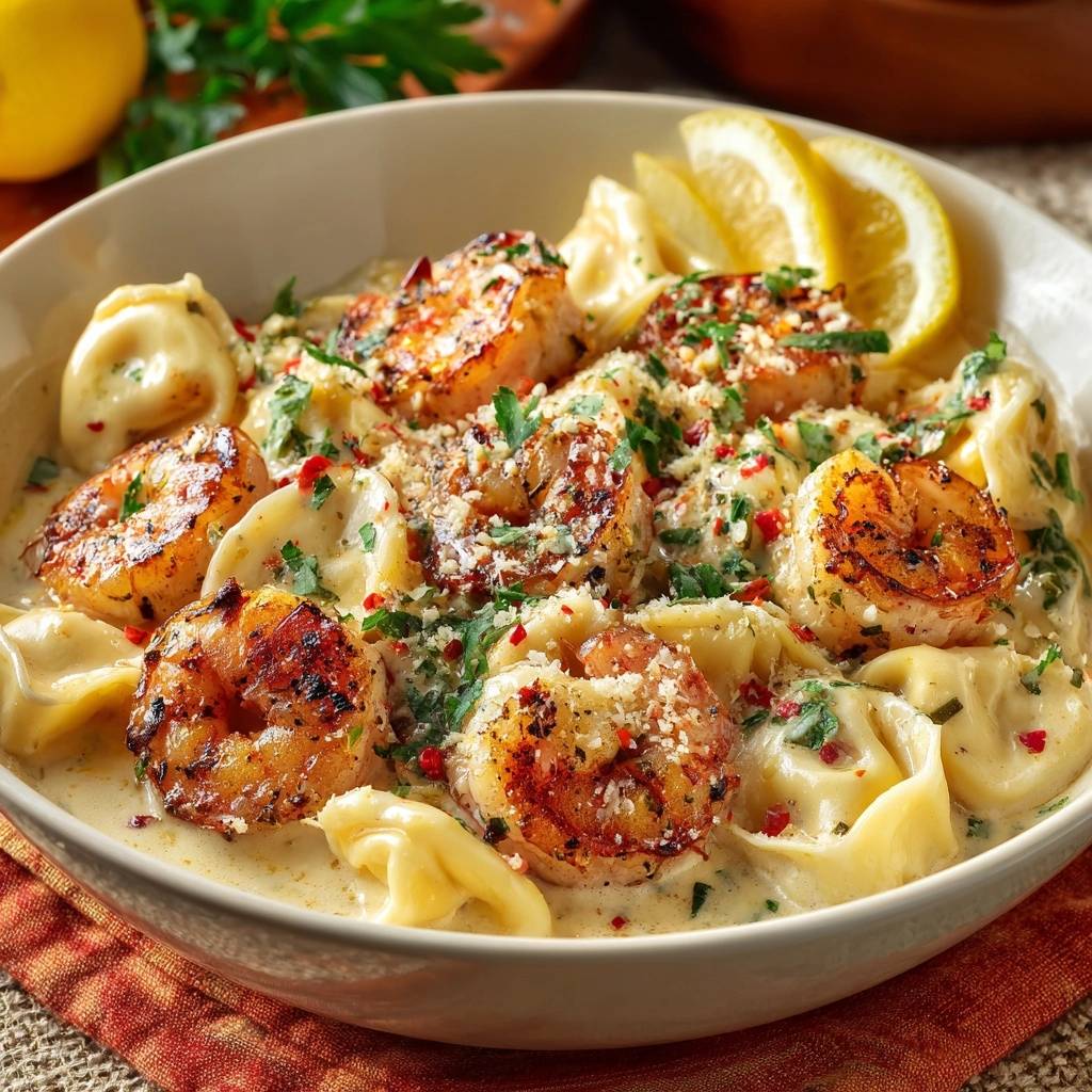Creamy garlic shrimp tortellini served in a bowl, garnished with parsley and parmesan, with lemon slices.