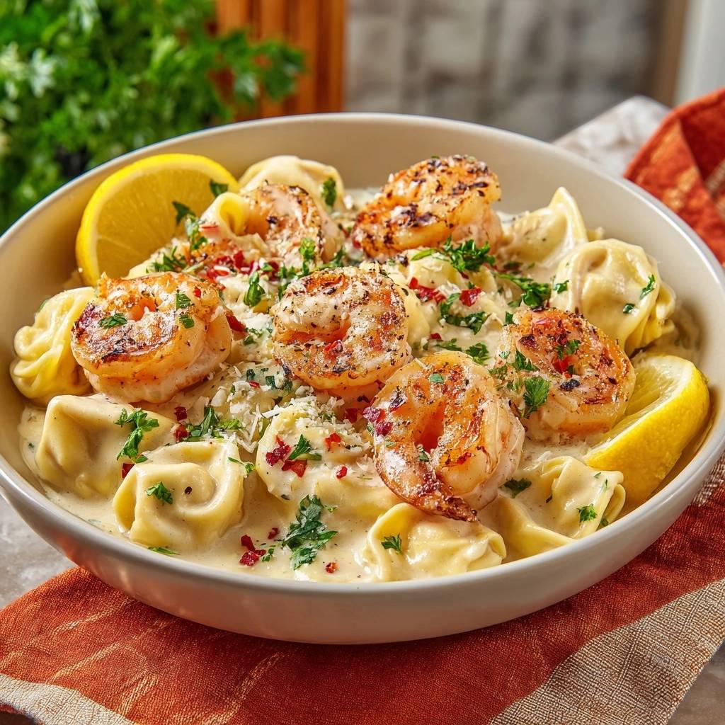 Creamy garlic shrimp tortellini with a velvety emulsion, served in a bowl and garnished with lemon and parsley.