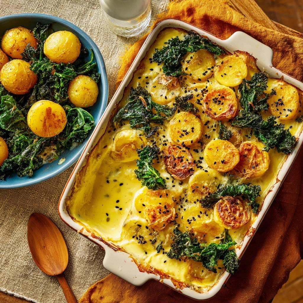 Creamy golden potato and kale bake shown from an overhead angle with a side dish of roasted potatoes and kale.