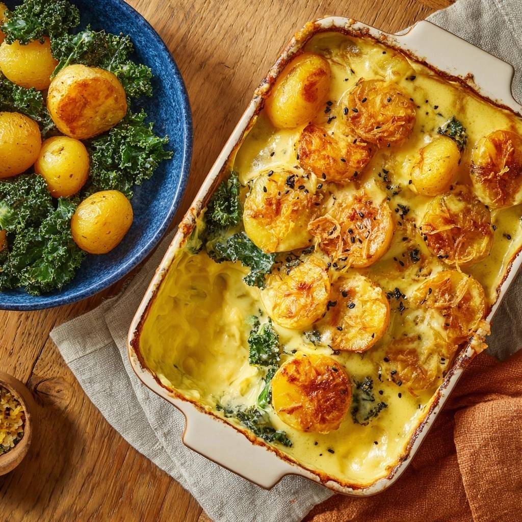 Creamy golden potato and kale bake shown in an overhead view with a side of steamed kale and potatoes.