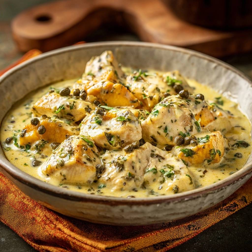 Creamy lemon caper chicken bites served in a rustic bowl, showcasing the tender chicken and capers in a rich sauce.