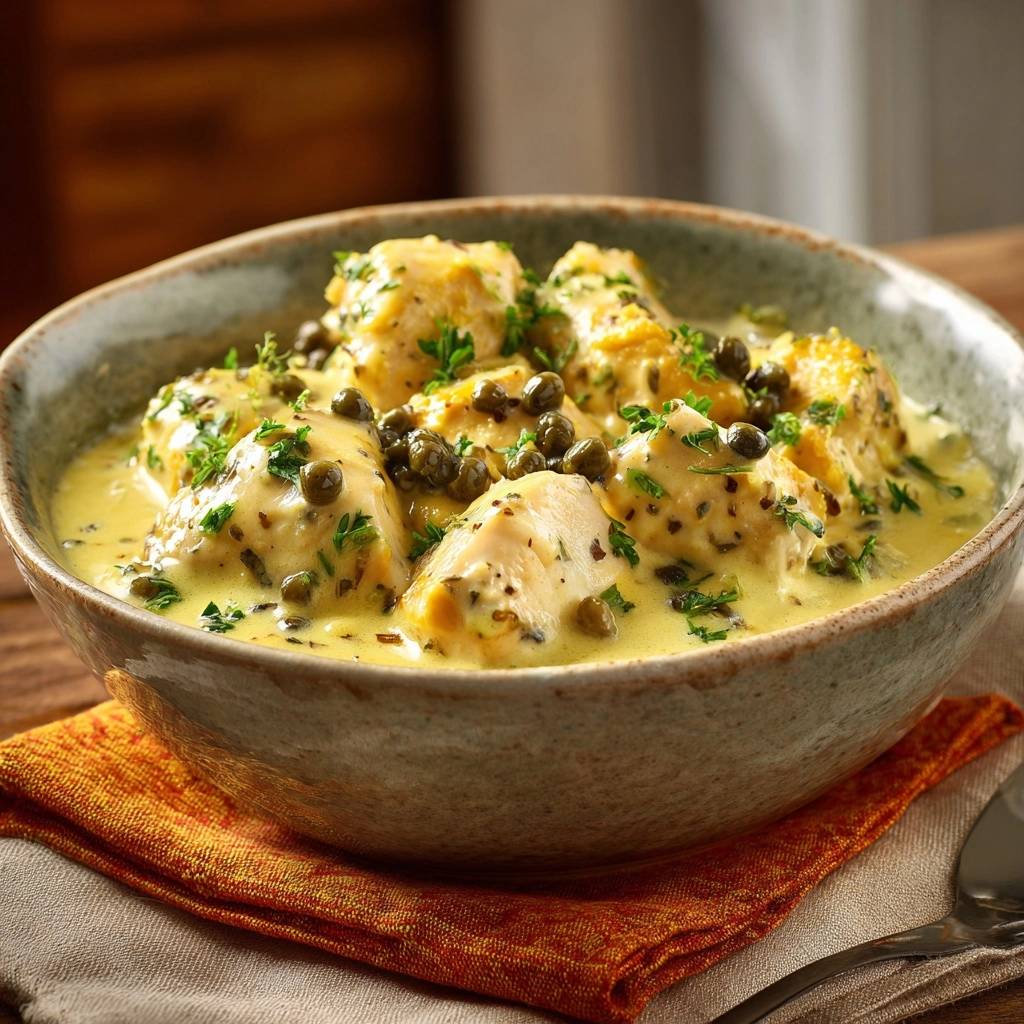 Creamy lemon caper chicken bites served in a rustic bowl, garnished with parsley and capers.