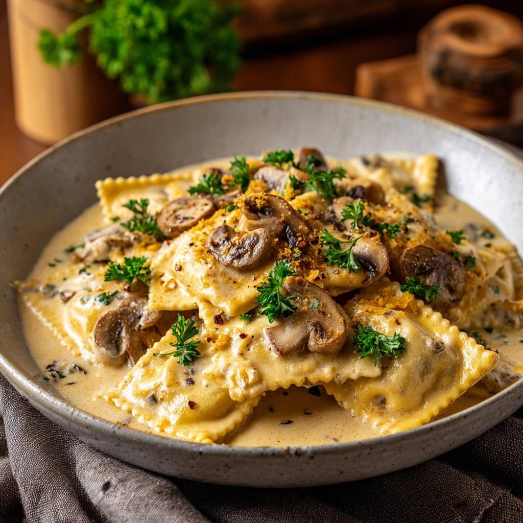 Creamy mushroom ravioli with a velvety emulsified sauce, served in a rustic bowl and garnished with fresh parsley and mushrooms.
