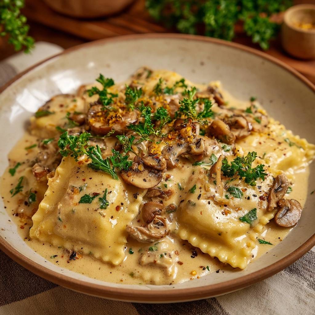 Creamy mushroom ravioli with a velvety emulsified sauce, showcasing a close-up view of the rich sauce and fresh parsley garnish.