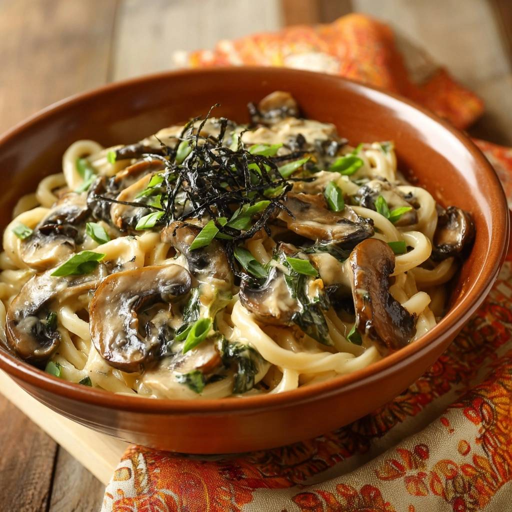 Creamy mushroom udon noodles served in a brown bowl, showcasing the thick noodles and rich sauce with a garnish of nori and scallions.