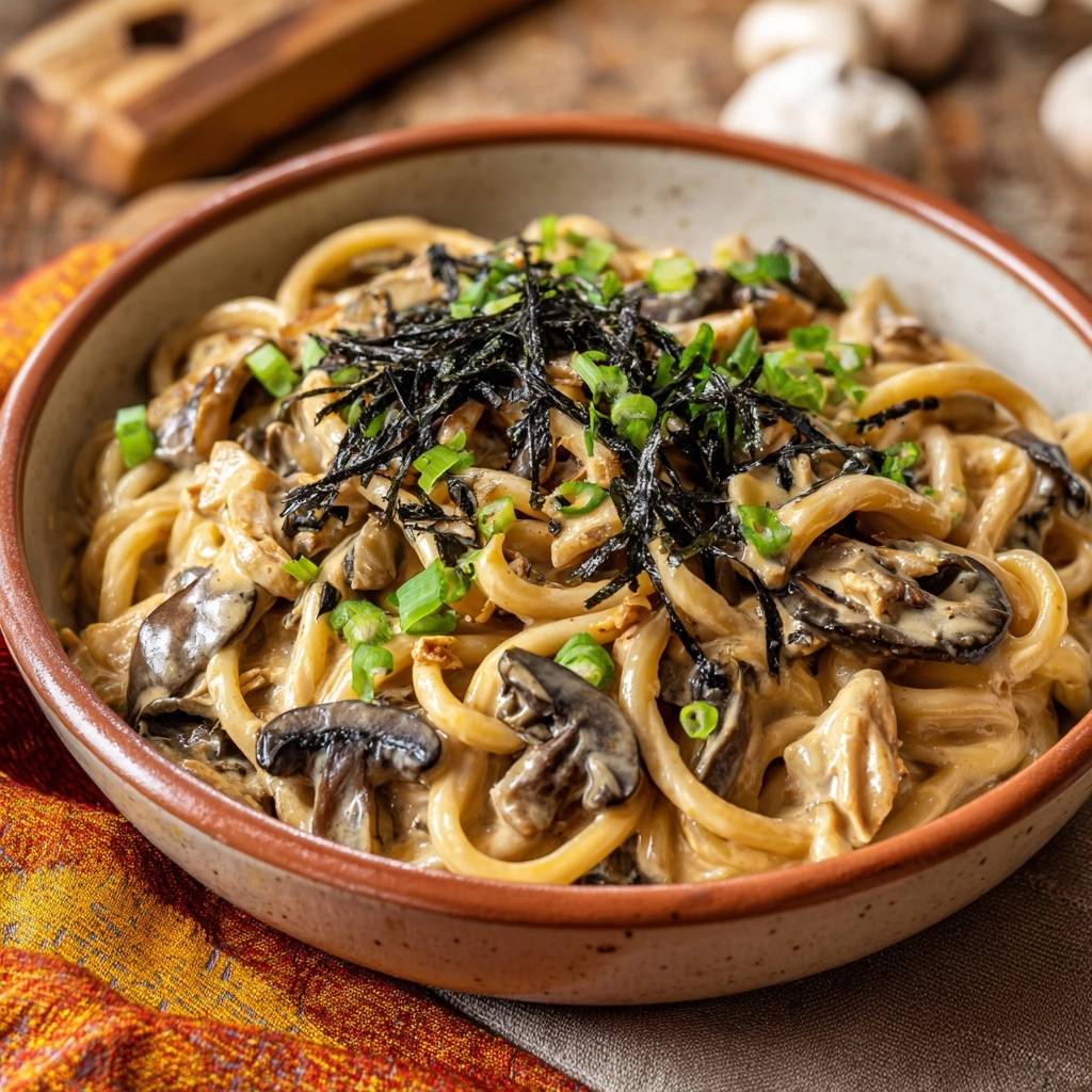 Creamy mushroom udon noodles served in a rustic bowl, generously garnished with nori and scallions.