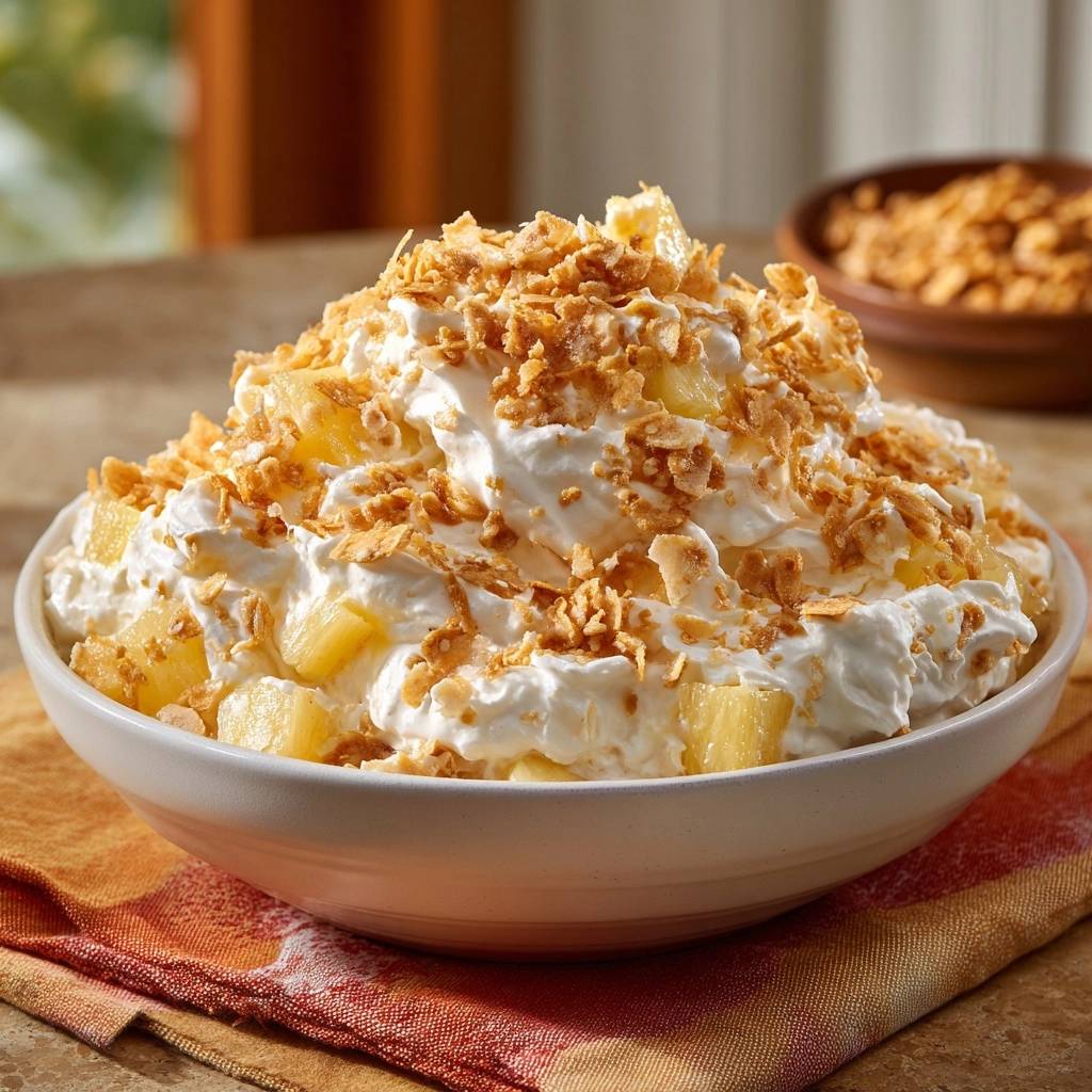 Creamy pineapple fluff salad topped with toasted coconut flakes and pineapple pieces, showcasing a close-up detail of the garnish.