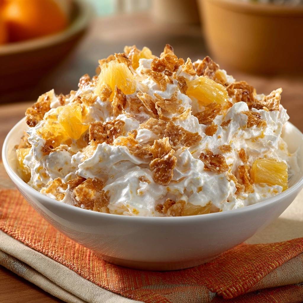 Creamy pineapple fluff salad topped with crushed cereal and pineapple chunks, showcasing a textured garnish.