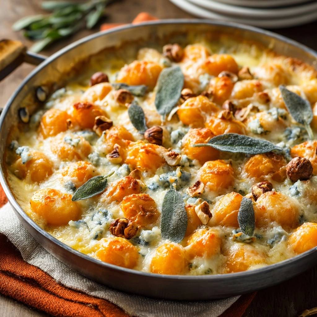 Creamy pumpkin gnocchi with gorgonzola and sage served in a skillet, with a close-up view of the dish's textures.