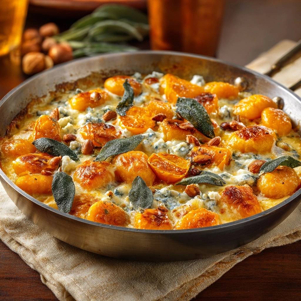 Creamy pumpkin gnocchi with gorgonzola and sage, served in a rustic skillet with almonds and fresh sage leaves.