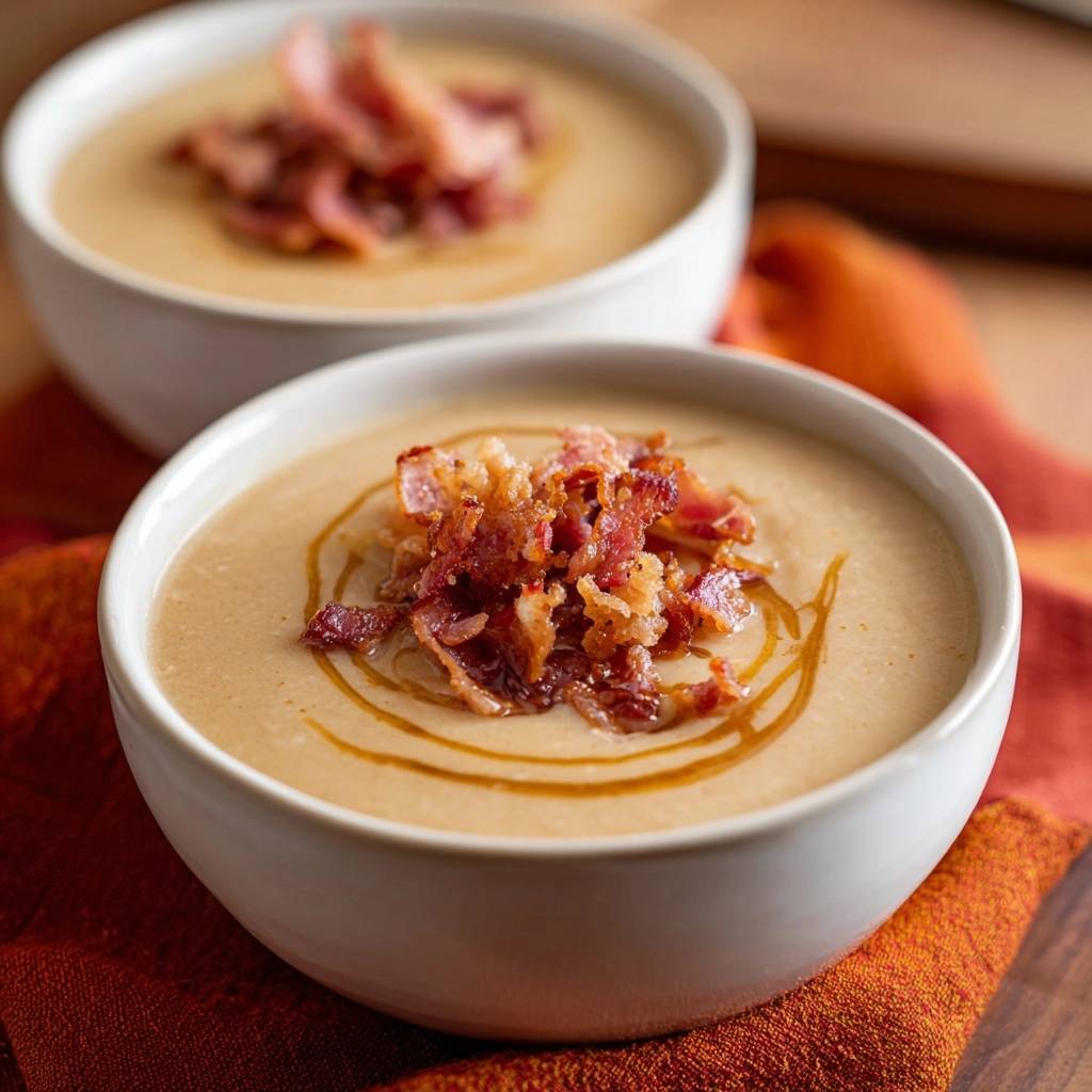 Creamy roasted cauliflower soup served in white bowls, generously topped with crispy bacon and a drizzle of oil.