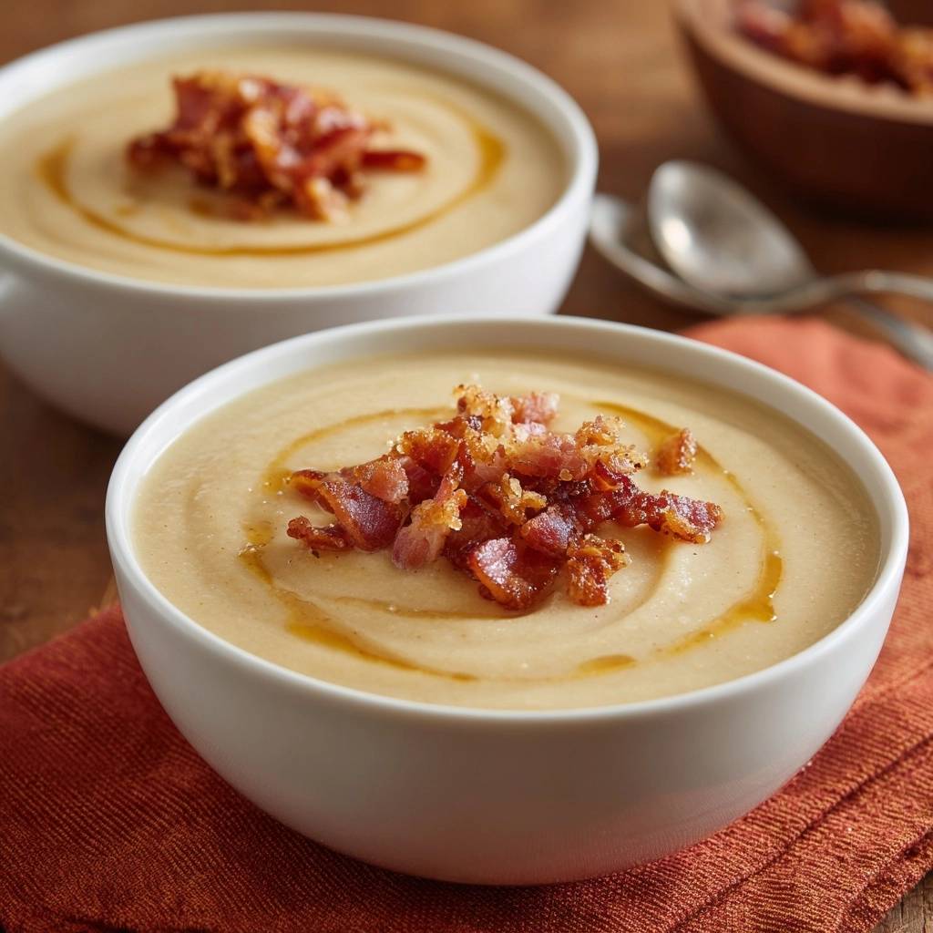 Creamy roasted cauliflower soup served in white bowls, topped with crispy bacon and a swirl of oil.