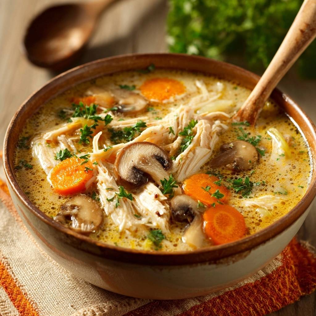 Creamy shredded chicken and mushroom soup served in a rustic bowl, showcasing tender chicken, carrots, and mushrooms with fresh parsley garnish.