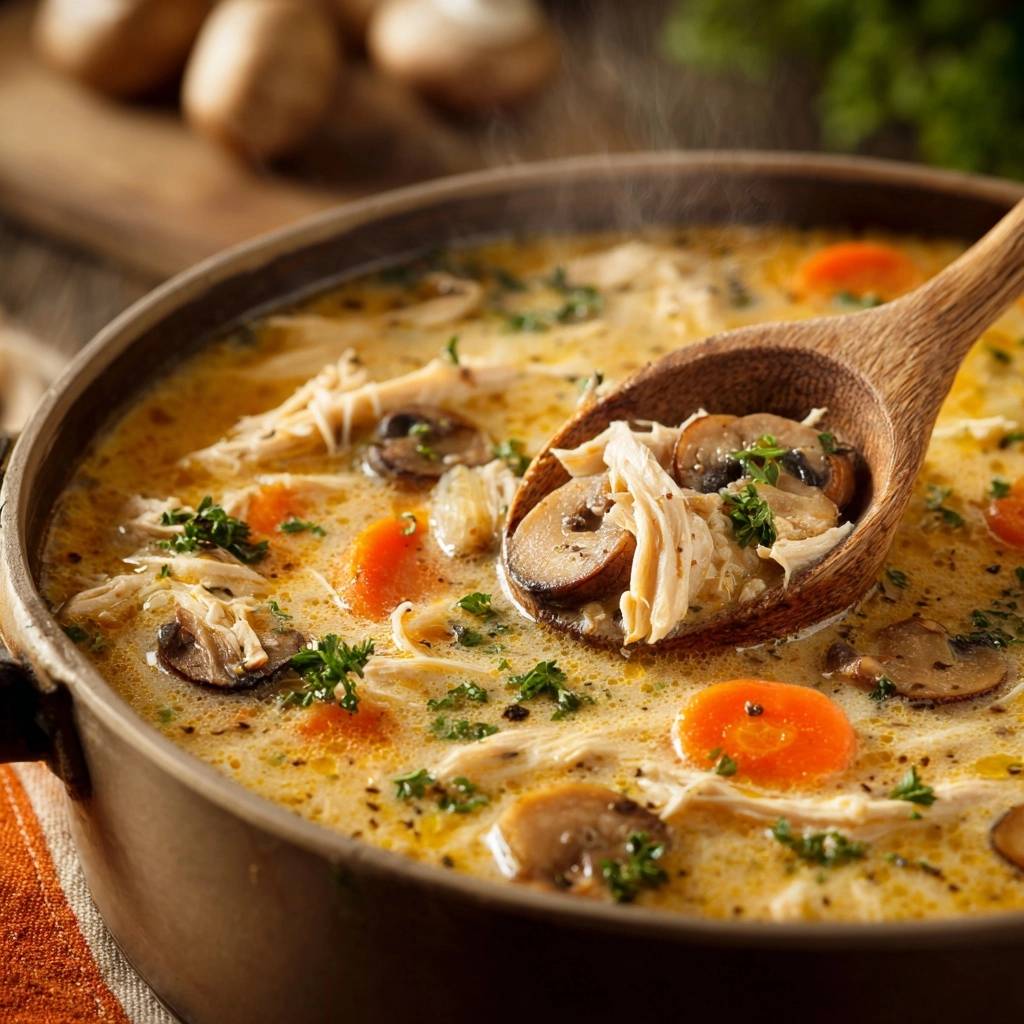 Creamy shredded chicken and mushroom soup with a wooden spoon lifting a generous portion, showcasing the hearty ingredients.