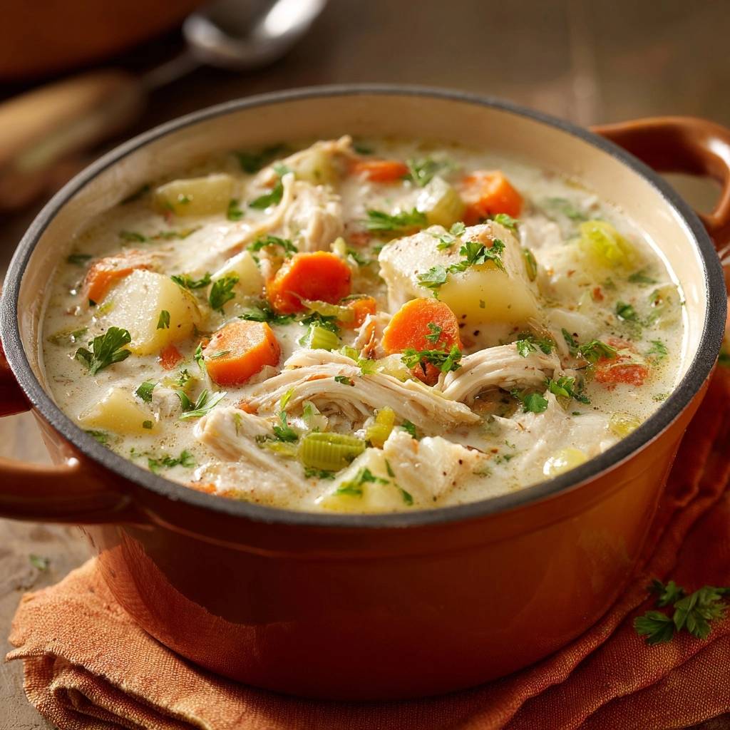 Creamy shredded chicken and potato soup in a rustic bowl, featuring tender chicken, carrots, and potatoes with fresh parsley garnish.