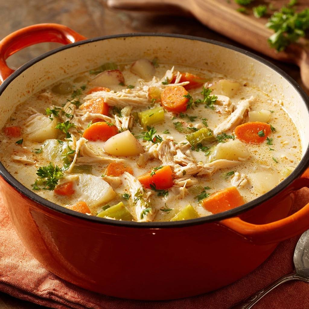 Creamy shredded chicken and potato soup served in an orange Dutch oven, showcasing tender chicken and vegetables.