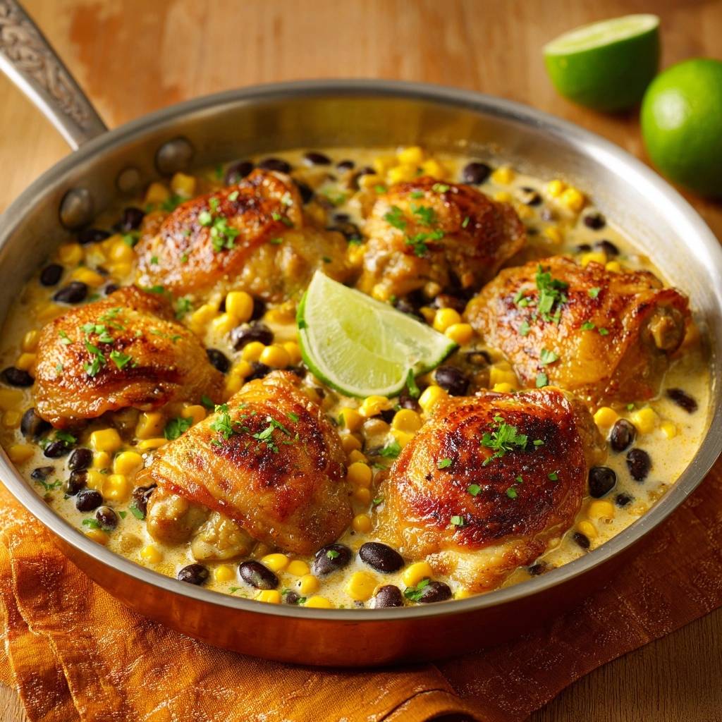 Creamy Southwest Chicken Skillet shown in a pan with chicken thighs, corn, black beans, and lime garnish.