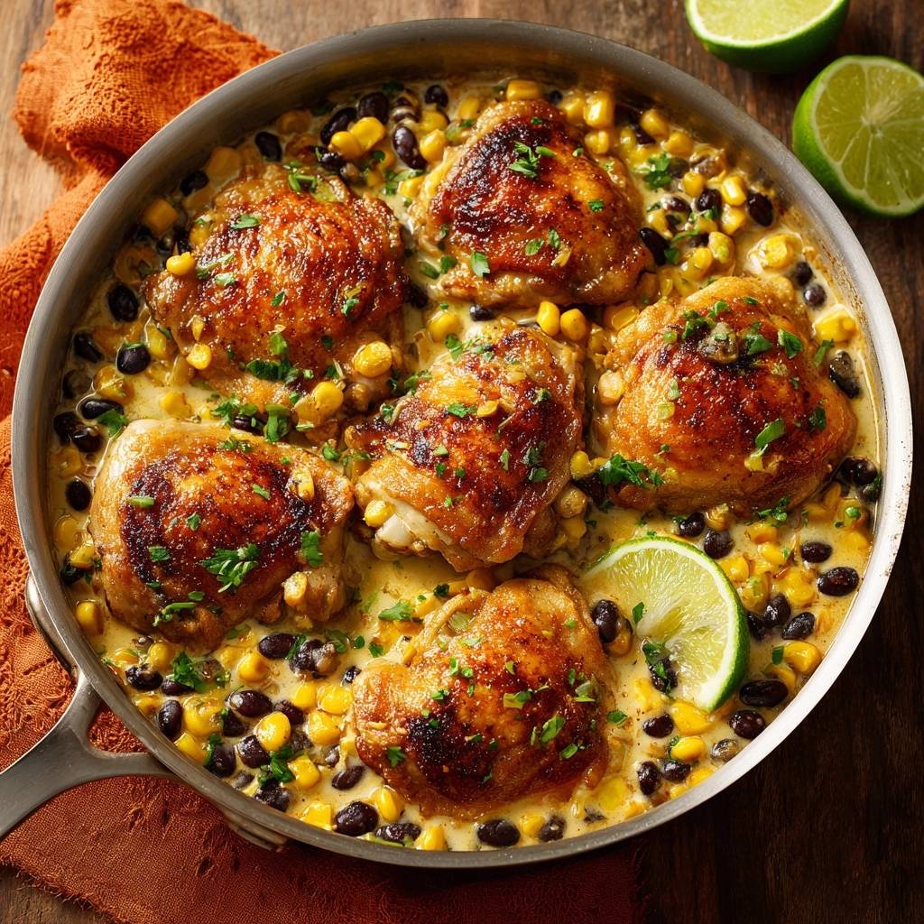 Creamy southwest chicken skillet served in a pan with corn, black beans, and lime wedges.