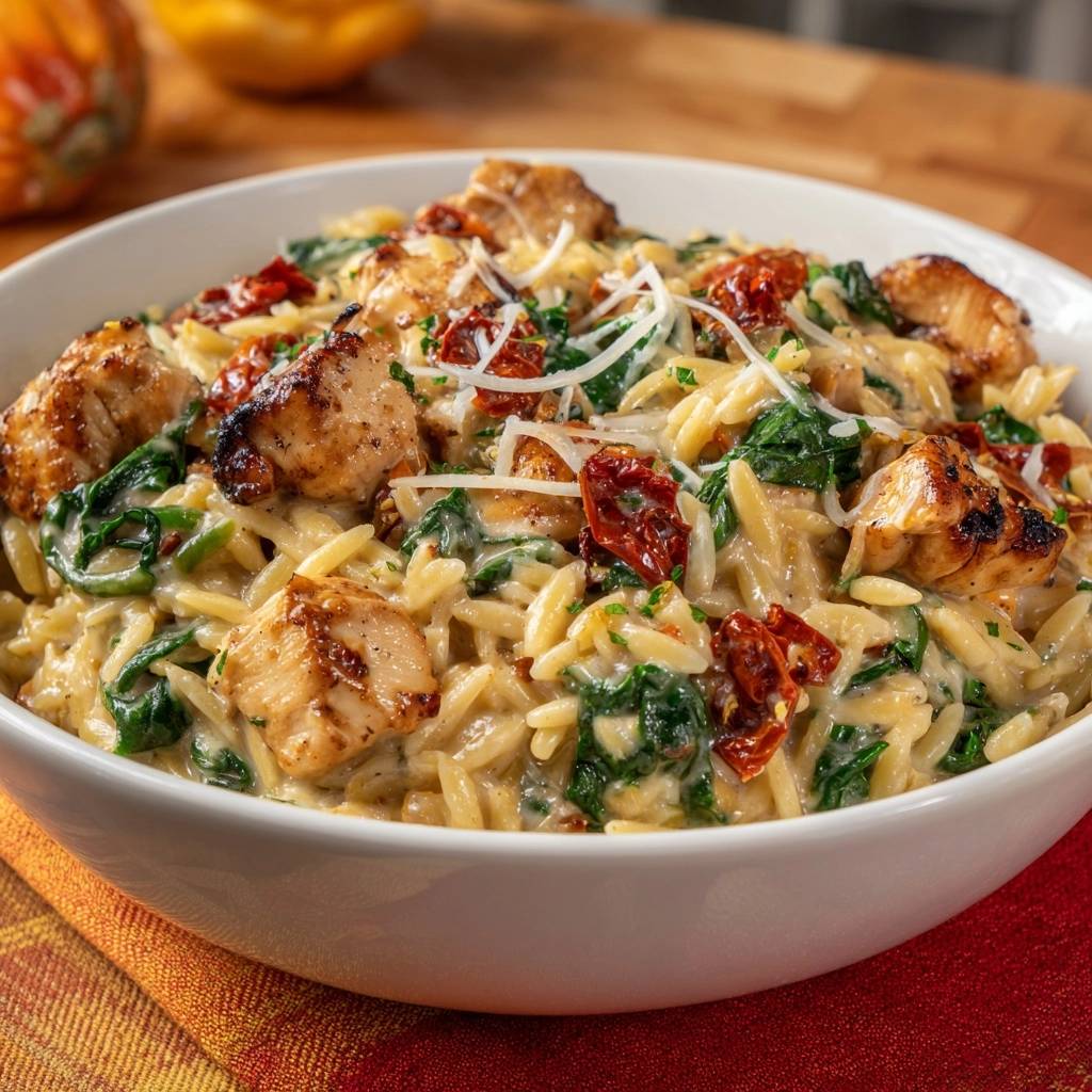 Creamy sun-dried tomato chicken orzo served in a white bowl, showcasing tender chicken, wilted spinach, and orzo pasta.