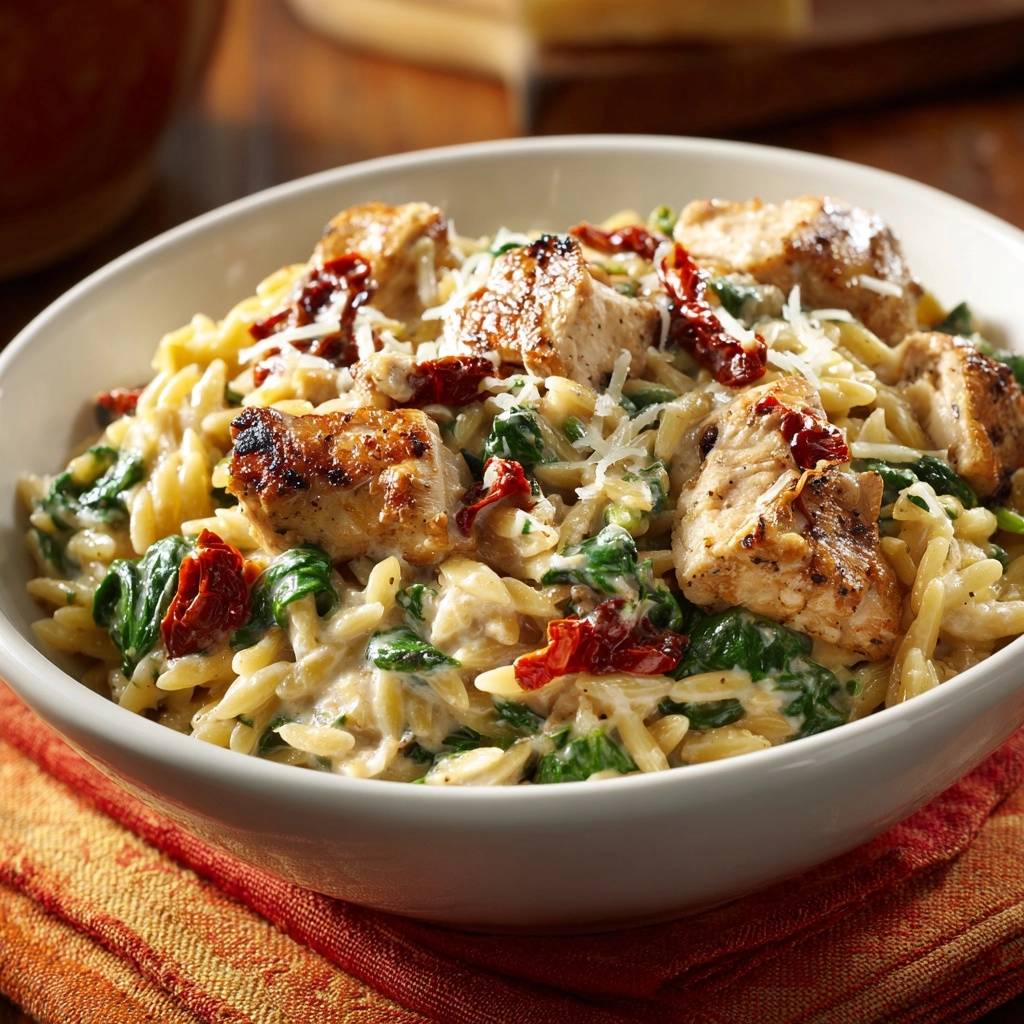 Creamy sun-dried tomato chicken orzo served in a white bowl, with a close-up view of the pasta and chicken.