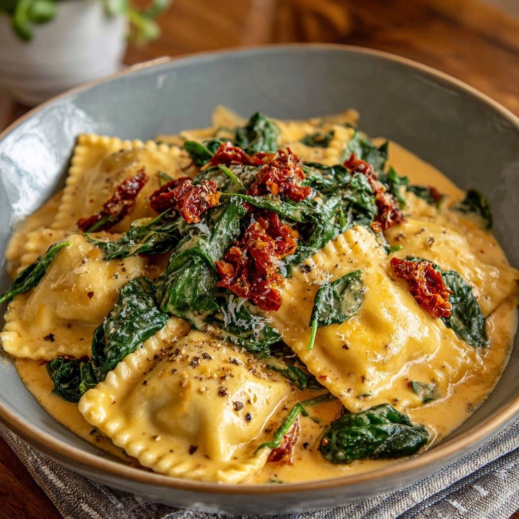 Creamy sun-dried tomato ravioli served in a grey bowl, showcasing the rich sauce and spinach topping.