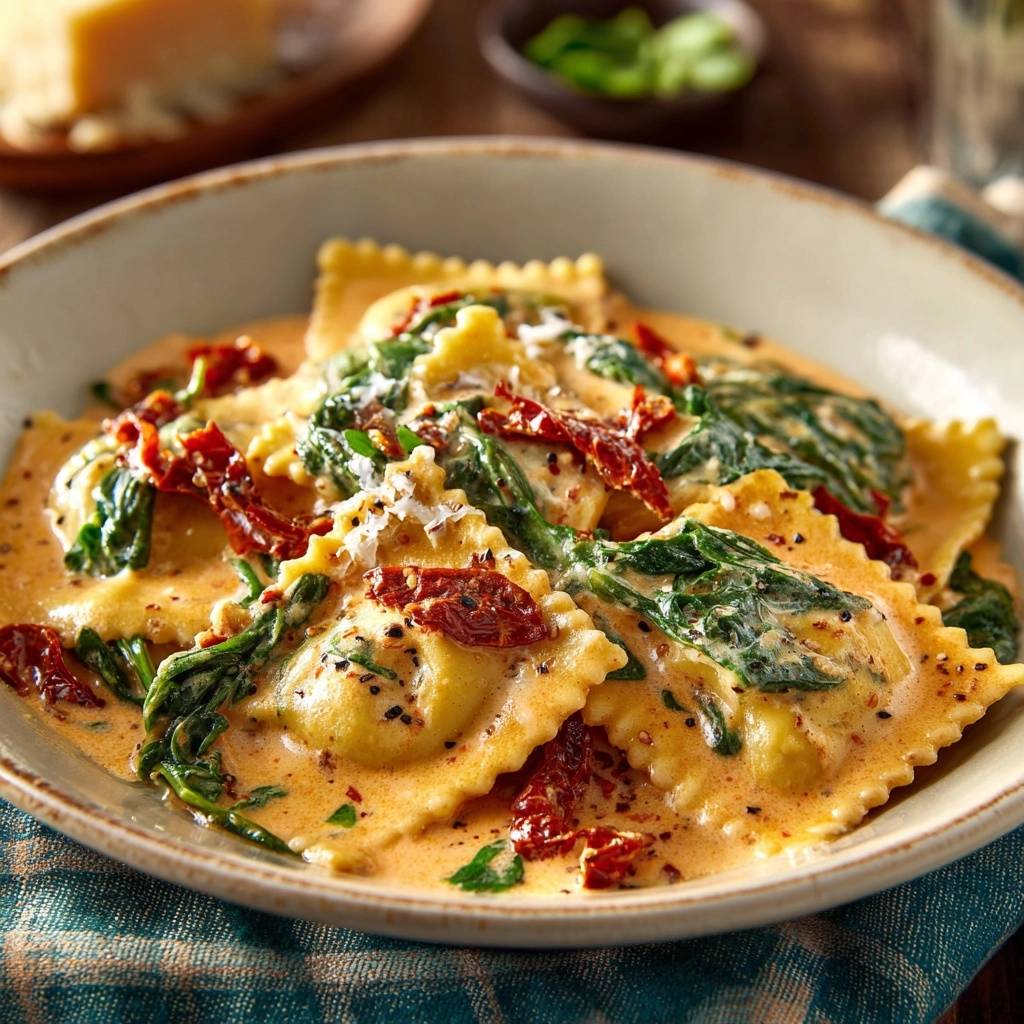 Creamy sun-dried tomato ravioli with spinach and sun-dried tomatoes, presented in a close-up bowl view.
