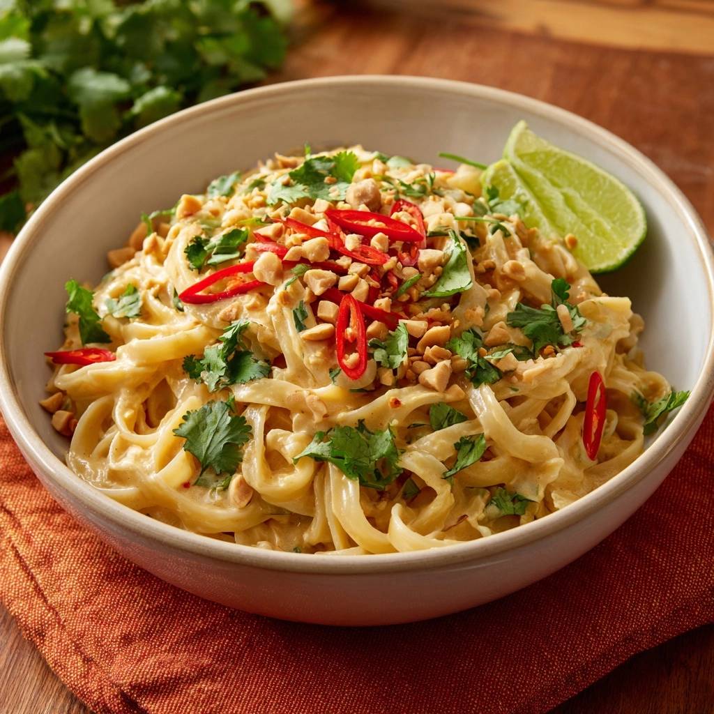 Creamy Thai peanut noodles generously garnished with chili, peanuts, and cilantro in a bowl.