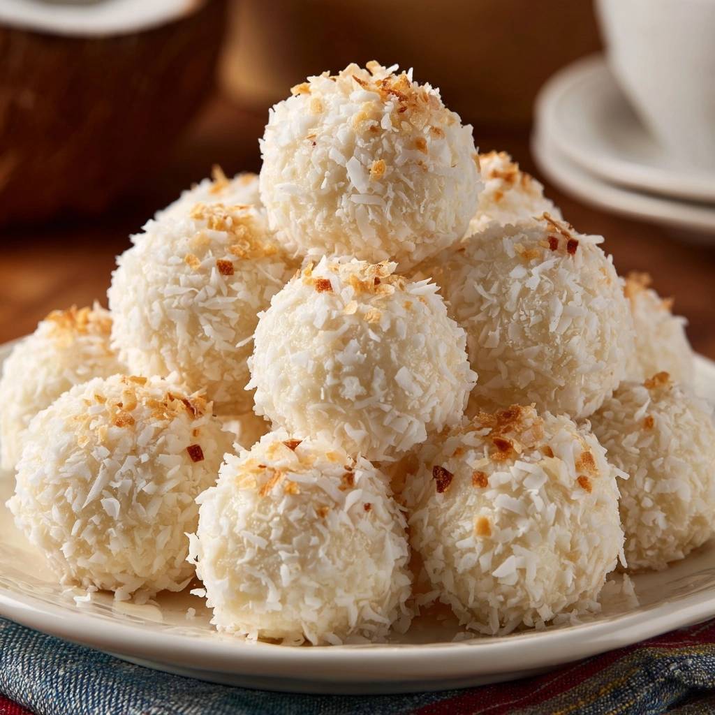 Creamy toasted coconut truffles piled high on a white plate, with a close-up view of their shredded coconut coating and toasted flakes.