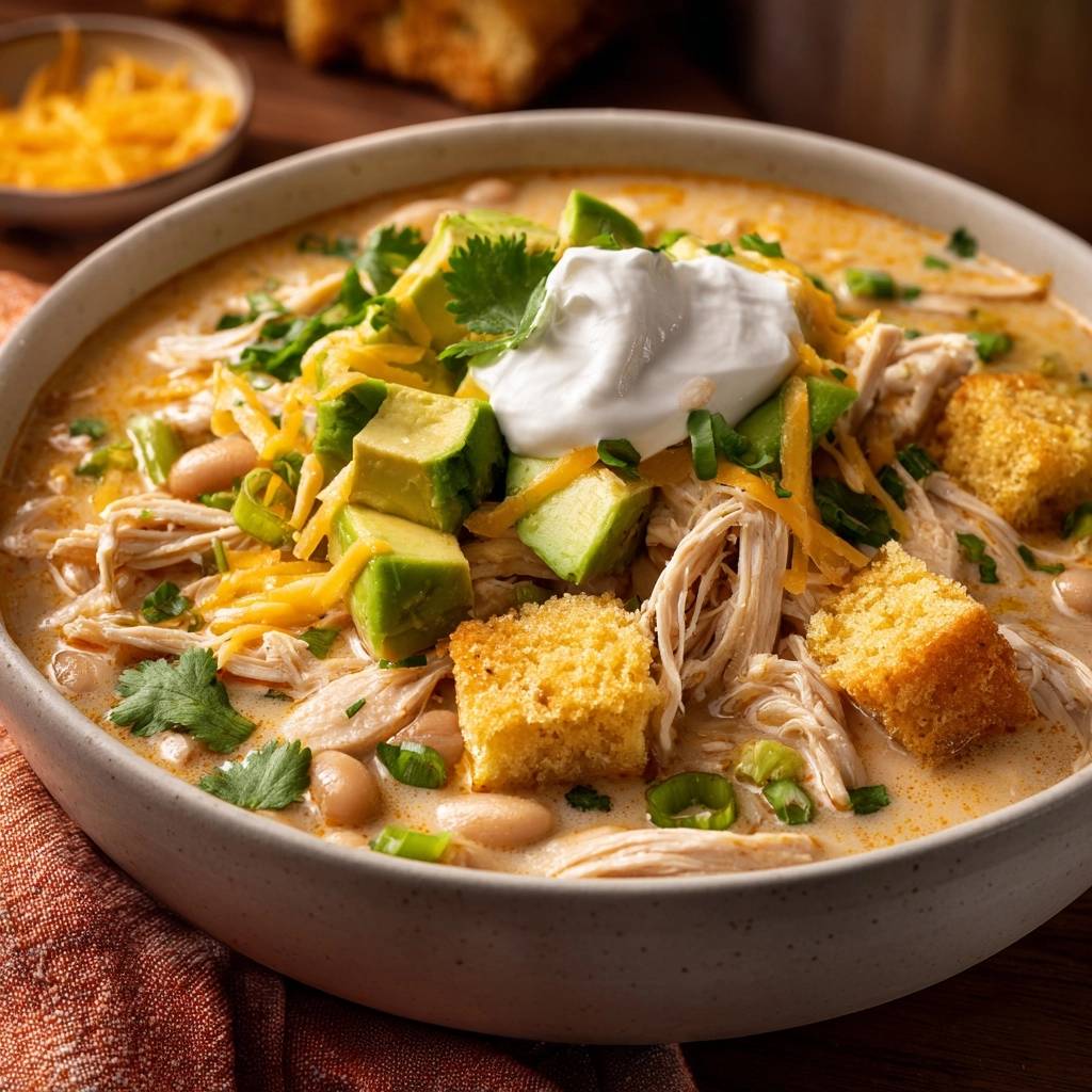 Creamy white chicken chili garnished with avocado, sour cream, cheese, and cornbread in a bowl.