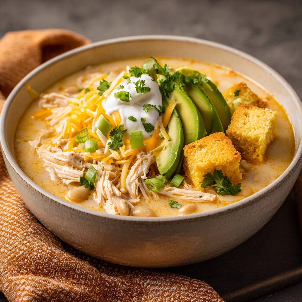 Creamy white chicken chili garnished with avocado, cheese, sour cream, and cornbread in a bowl.