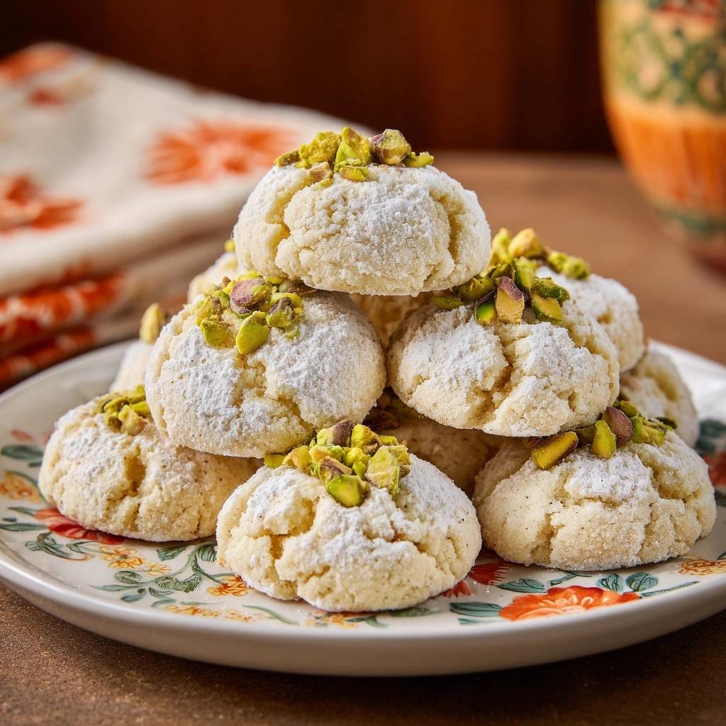 Crinkle pistachio shortbread cookies topped with chopped pistachios and dusted with powdered sugar on a floral plate.