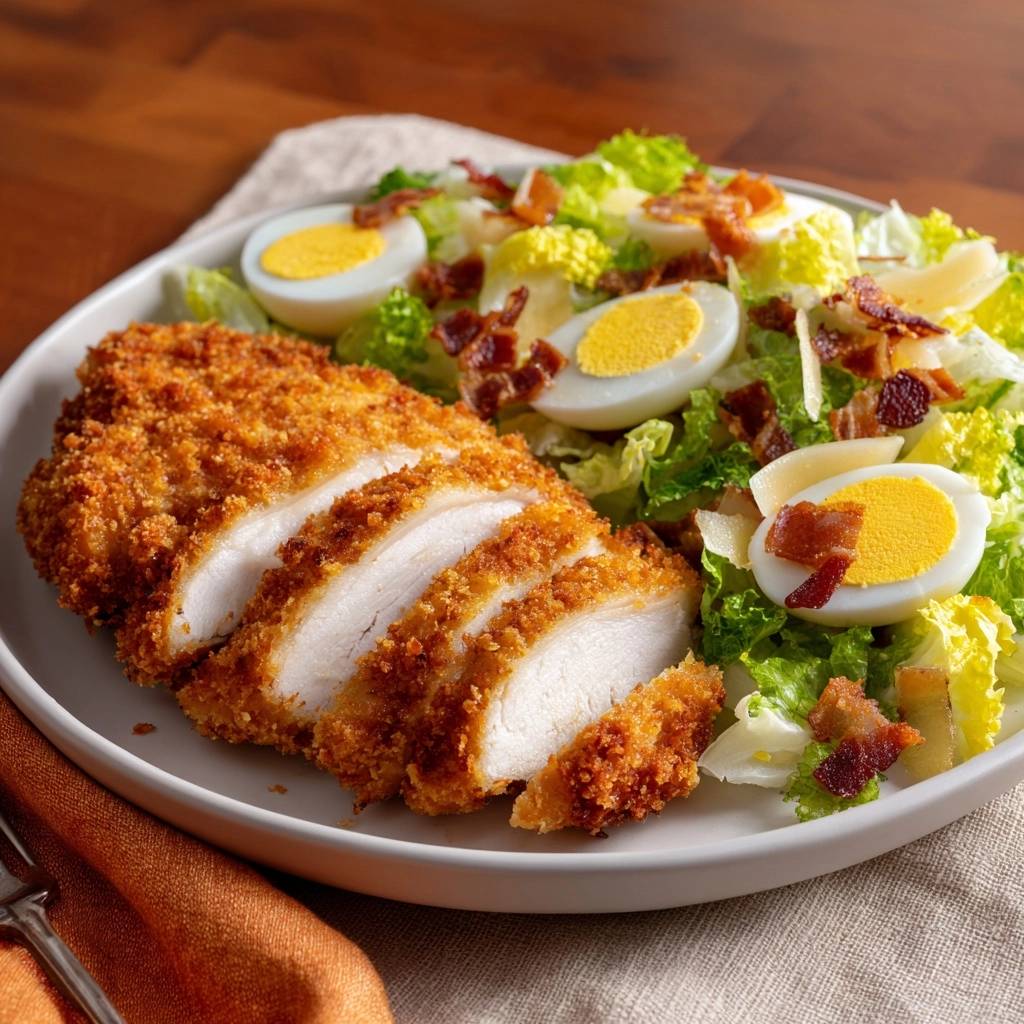 The ultimate crispy breaded chicken Caesar salad featuring sliced chicken breast served alongside a fresh salad with hard-boiled eggs and bacon.