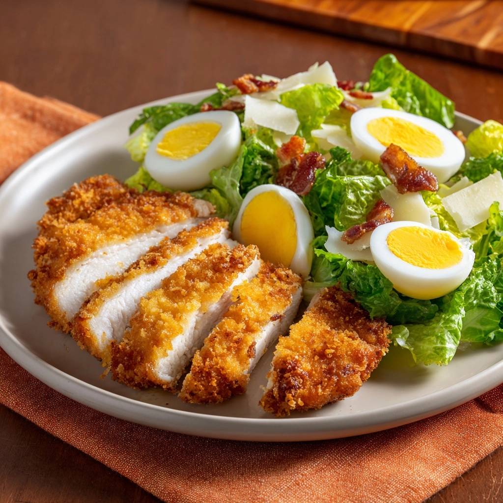 The Ultimate Crispy Breaded Chicken Caesar Salad served sliced on a plate with hard-boiled eggs and bacon.