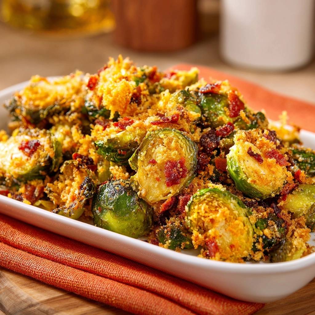 Crispy garlic parmesan Brussels sprouts featuring a close-up view of the breadcrumb and bacon topping.