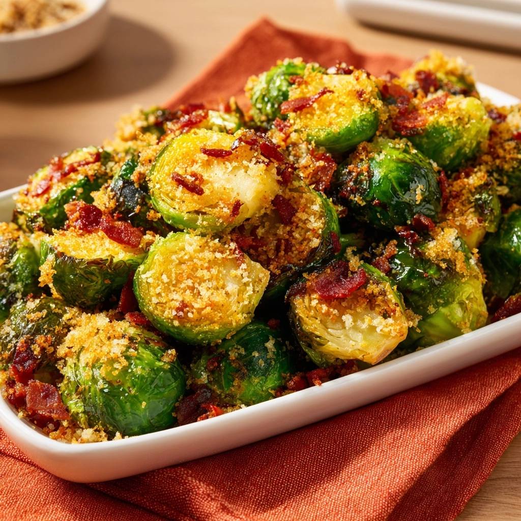 Crispy garlic parmesan brussels sprouts topped with crumbled bacon and breadcrumbs, shown in a close-up detail shot.