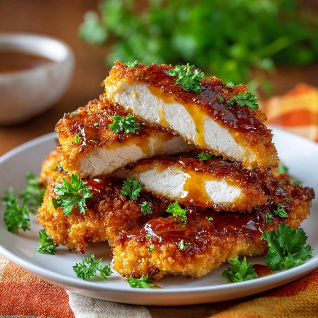 Crispy glazed chicken cutlets shown in a close-up cross-section revealing the juicy interior and golden breading.