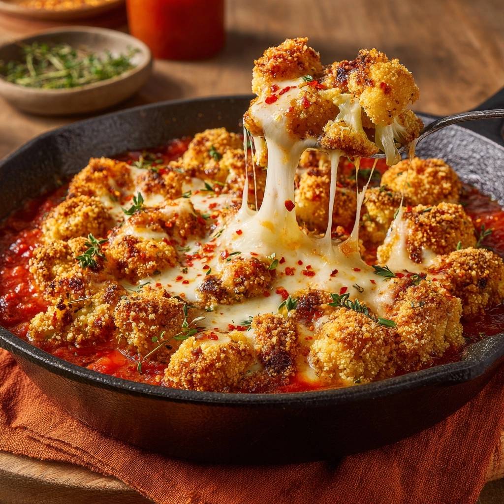 Crispy parmesan cauliflower gratin with a dramatic cheese pull, served in a cast iron skillet with tomato sauce.